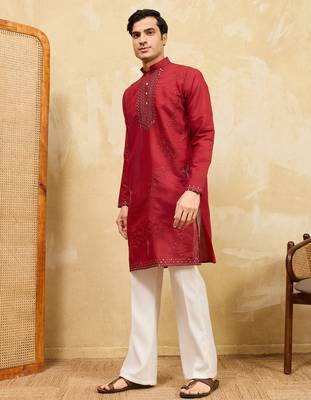 Red viscose silk multi thread & sequence embroidered work kurta 2