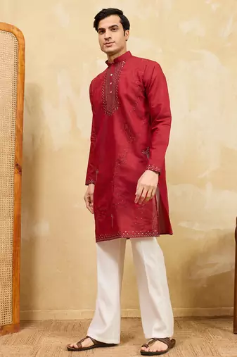 Red viscose silk multi thread & sequence embroidered work kurta