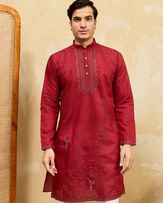 Red viscose silk multi thread & sequence embroidered work kurta 3