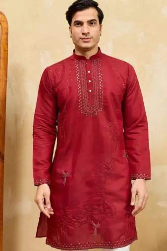 Red viscose silk multi thread & sequence embroidered work kurta