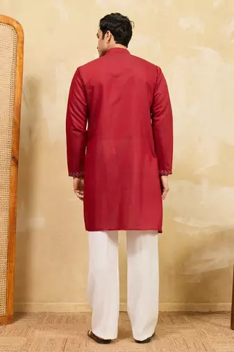 Red viscose silk multi thread & sequence embroidered work kurta
