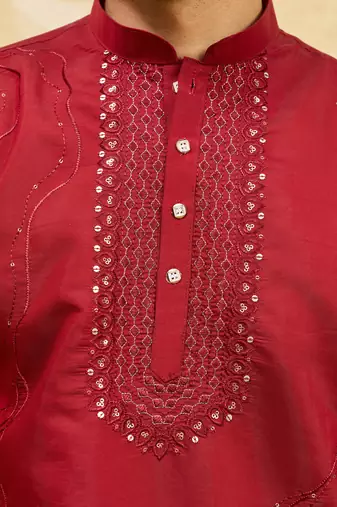 Red viscose silk multi thread & sequence embroidered work kurta