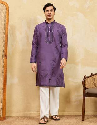 Purple viscose silk multi thread & sequence embroidered work kurta 1