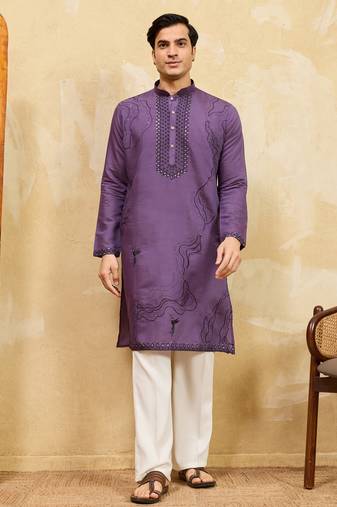 Purple viscose silk multi thread & sequence embroidered work kurta