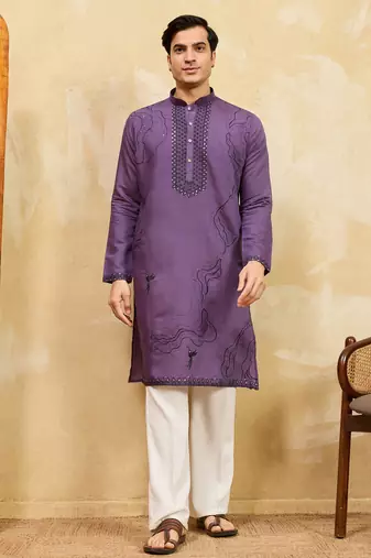 Purple viscose silk multi thread & sequence embroidered work kurta