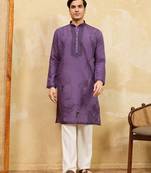 Purple viscose silk multi thread & sequence embroidered work kurta