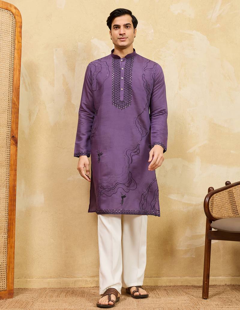 Purple viscose silk multi thread & sequence embroidered work kurta