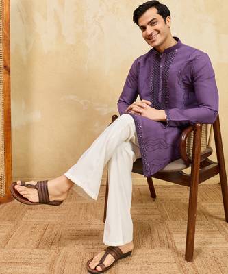 Purple viscose silk multi thread & sequence embroidered work kurta 2