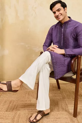 Purple viscose silk multi thread & sequence embroidered work kurta
