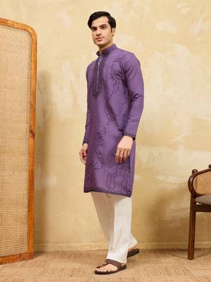 Purple viscose silk multi thread & sequence embroidered work kurta 3