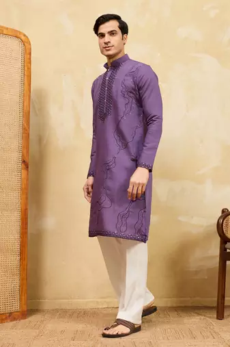 Purple viscose silk multi thread & sequence embroidered work kurta