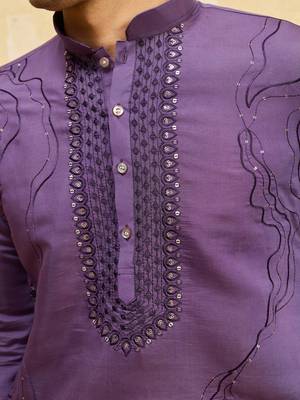 Purple viscose silk multi thread & sequence embroidered work kurta 5