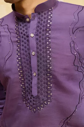 Purple viscose silk multi thread & sequence embroidered work kurta