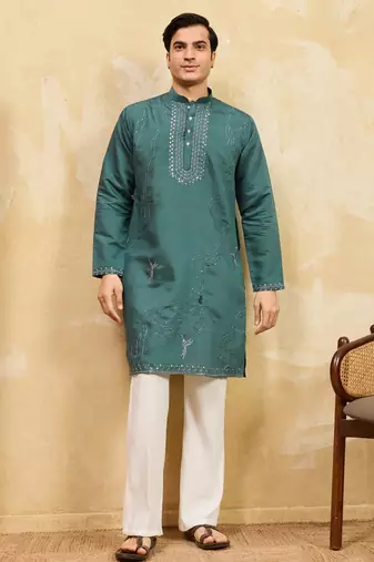 Rama green viscose silk multi thread & sequence embroidered work kurta