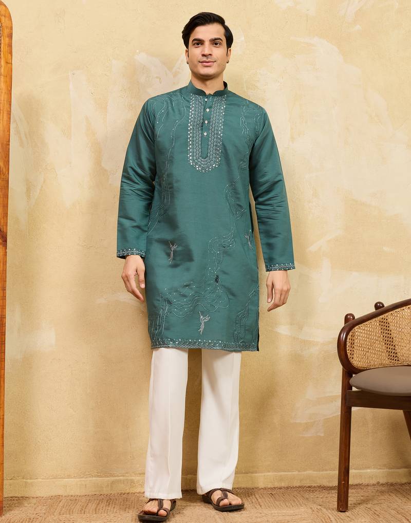 Rama green viscose silk multi thread & sequence embroidered work kurta