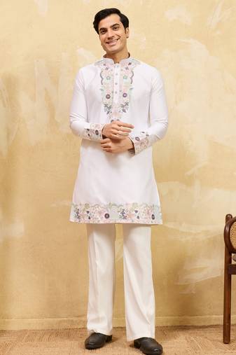 White viscose silk multi thread & sequence embroidered work kurta