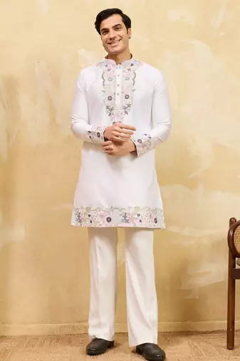 White viscose silk multi thread & sequence embroidered work kurta