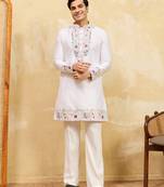 White viscose silk multi thread & sequence embroidered work kurta