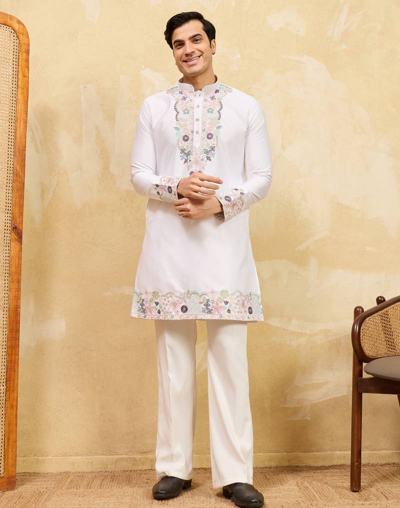 White viscose silk multi thread & sequence embroidered work kurta