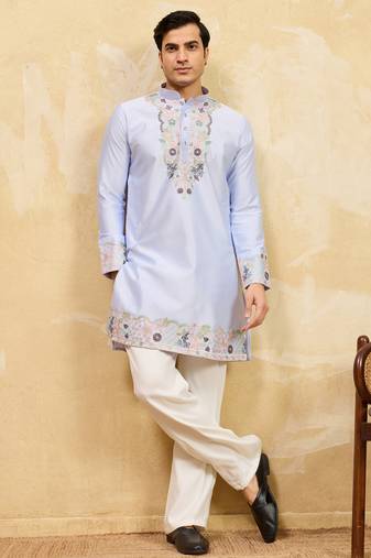 Sky blue viscose silk multi thread & sequence embroidered work kurta