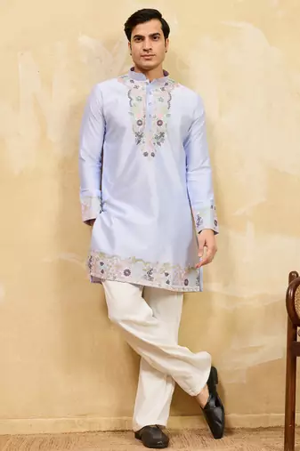 Sky blue viscose silk multi thread & sequence embroidered work kurta