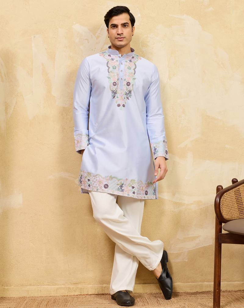Sky blue viscose silk multi thread & sequence embroidered work kurta