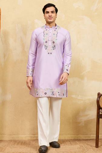 Lavender viscose silk multi thread & sequence embroidered work kurta