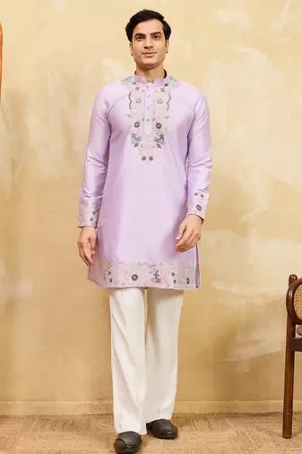 Lavender viscose silk multi thread & sequence embroidered work kurta