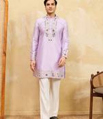 Lavender viscose silk multi thread & sequence embroidered work kurta