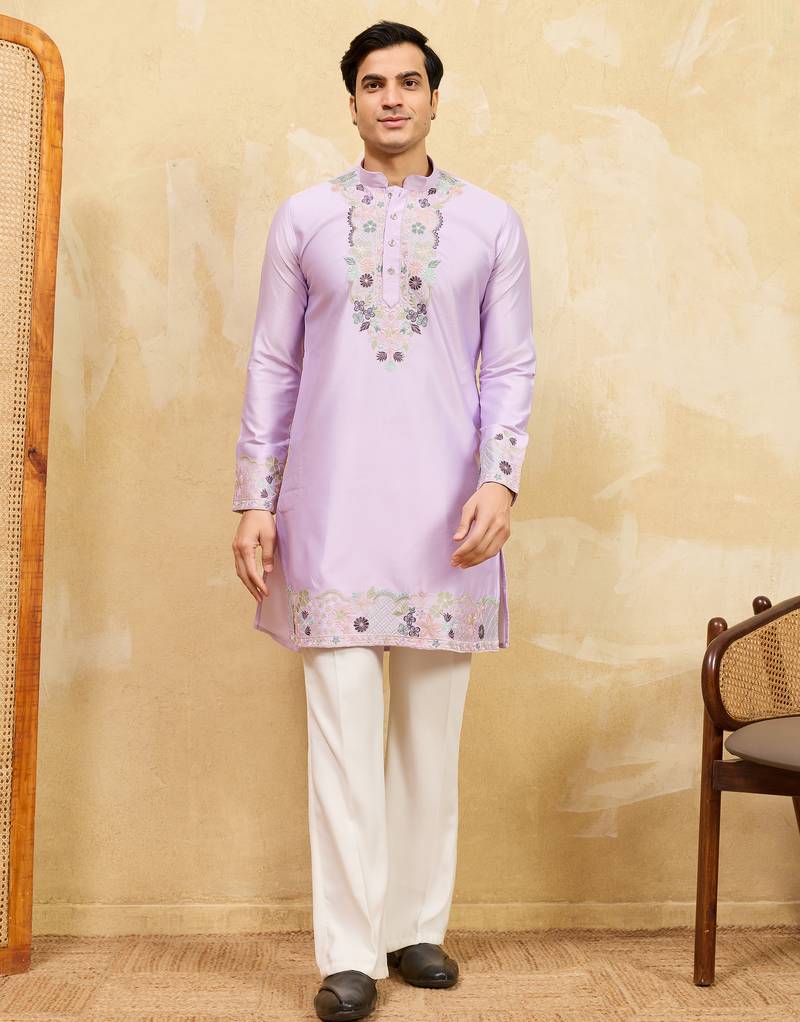 Lavender viscose silk multi thread & sequence embroidered work kurta