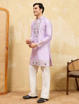 Lavender viscose silk multi thread & sequence embroidered work kurta 2