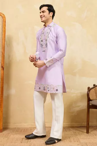 Lavender viscose silk multi thread & sequence embroidered work kurta