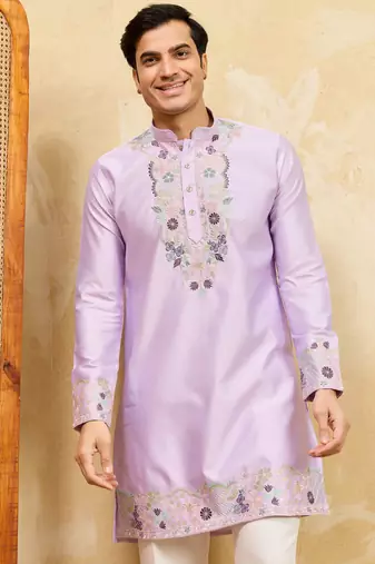Lavender viscose silk multi thread & sequence embroidered work kurta
