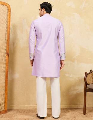 Lavender viscose silk multi thread & sequence embroidered work kurta 4