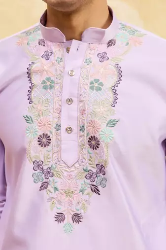 Lavender viscose silk multi thread & sequence embroidered work kurta