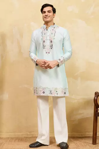 Pistachio viscose silk multi thread & sequence embroidered work kurta