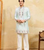 Pistachio viscose silk multi thread & sequence embroidered work kurta