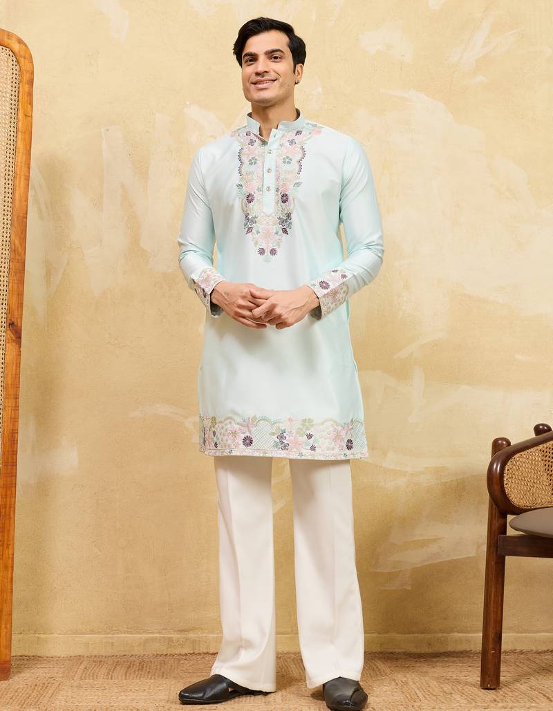 Pistachio viscose silk multi thread & sequence embroidered work kurta