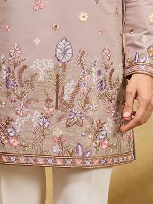Beige viscose silk multi thread & sequence embroidered work kurta 5