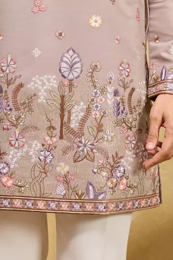 Beige viscose silk multi thread & sequence embroidered work kurta