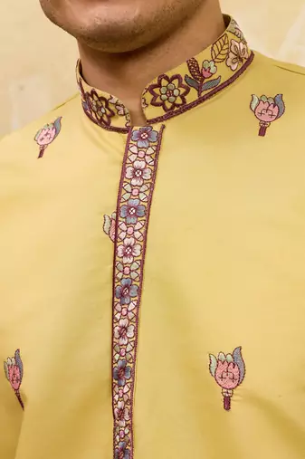 Yellow viscose silk thread & sequence embroidered work kurta with dupatta