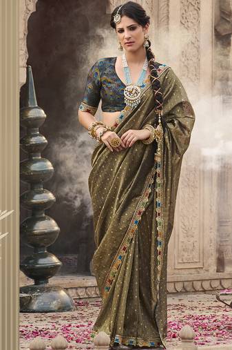 Olive multi embroidered tissue silk saree