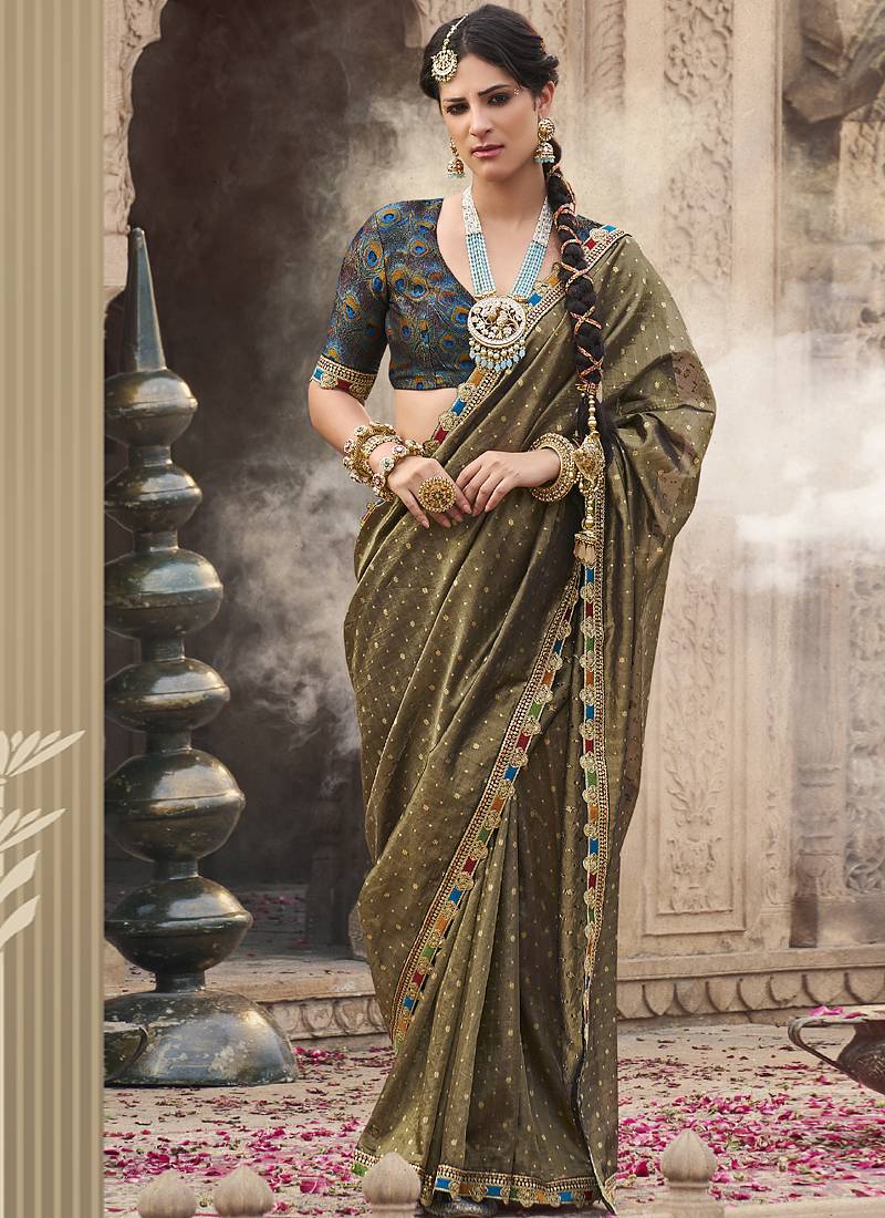 Olive multi embroidered tissue silk saree
