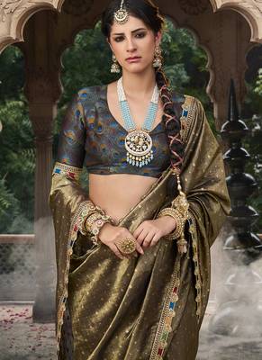 Olive multi embroidered tissue silk saree 2