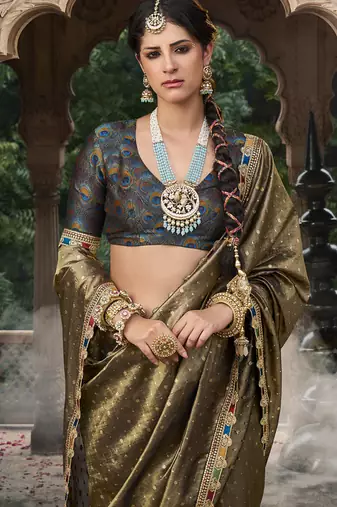 Olive multi embroidered tissue silk saree