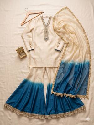 Beige silk blend embroidered plazzo set 5