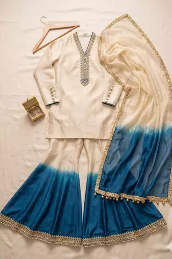 Beige silk blend embroidered plazzo set