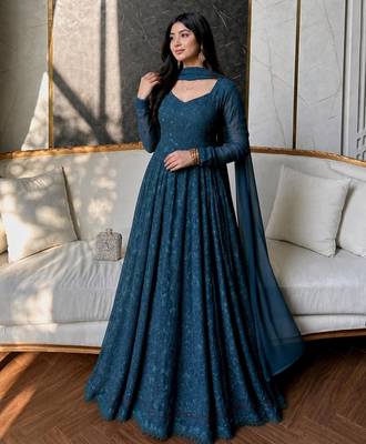 teal blue georgette embroidered plus size anarkali gown set 2