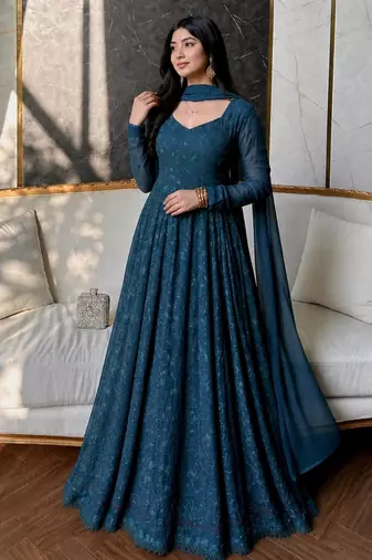 teal blue georgette embroidered plus size anarkali gown set