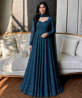 teal blue georgette embroidered plus size anarkali gown set 3